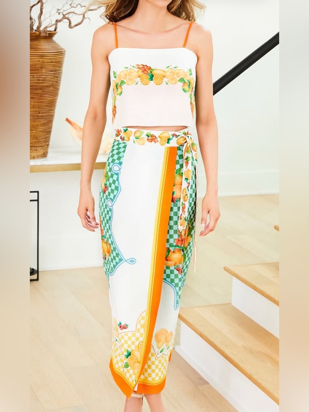 White Two-Piece Citrus Print Crop Top & Wrap Skirt Set